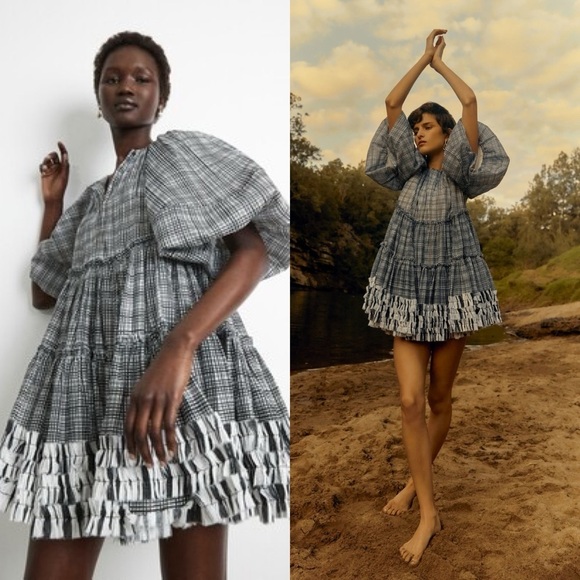 AJE Memento Puff Sleeve Plaid Check Voile Mini Dress in Gray Multi Sz 4 US - Picture 9 of 10